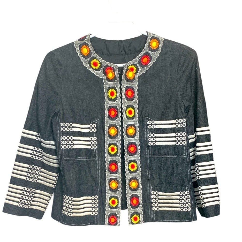 Anna Sui Black Denim Jacket, Fully Lined, Pockets,  Embroidery that Pops - Picture 3 of 15
